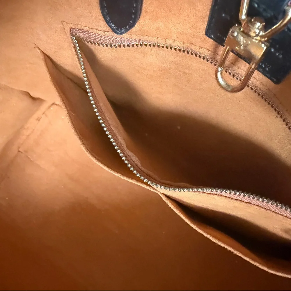 LV Giant Black Embossed Monogram Tote with Tan Interior and Gold Trim
